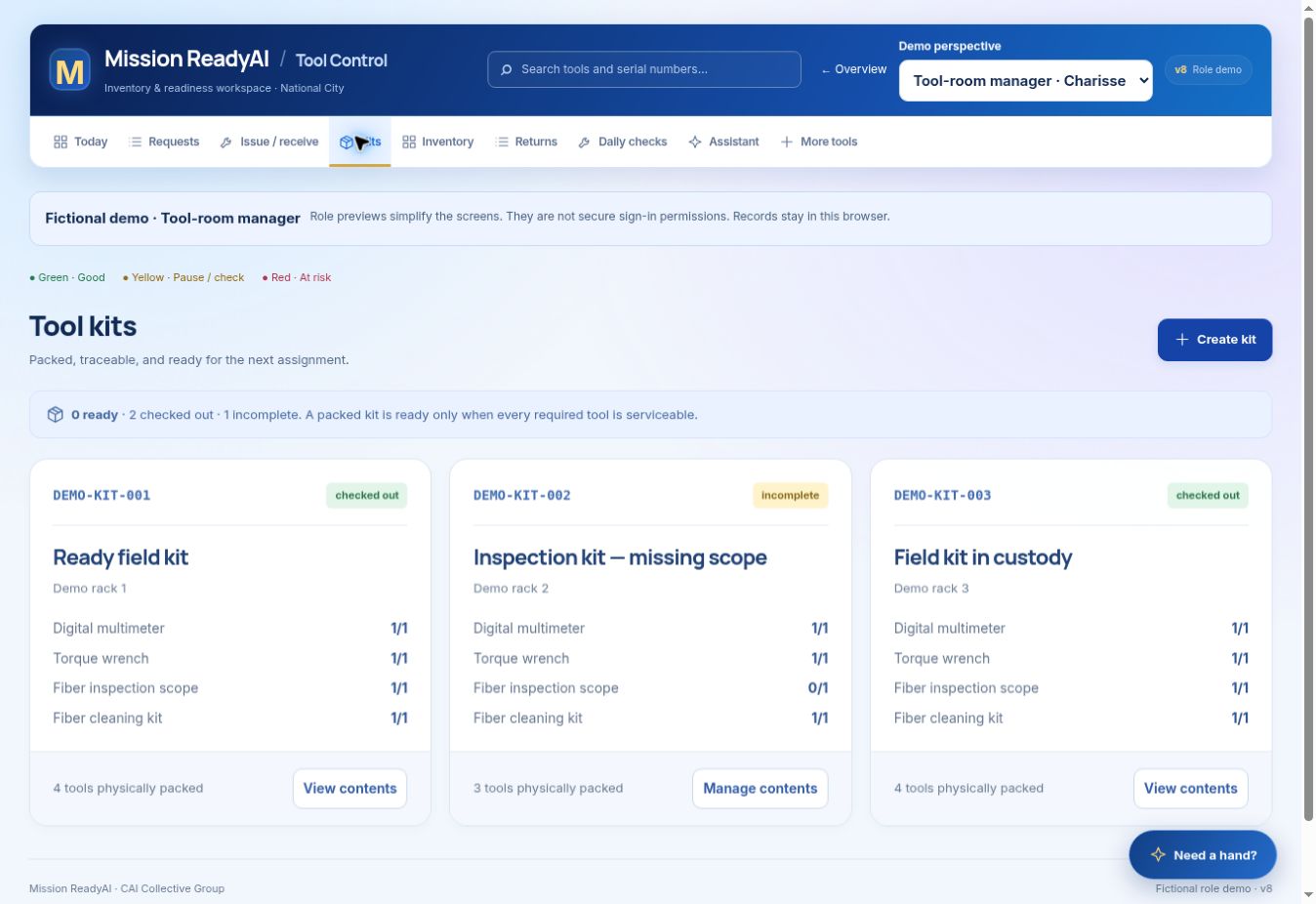 Actual Mission ReadyAI kit screen showing packed contents, custody and an incomplete fiber inspection kit